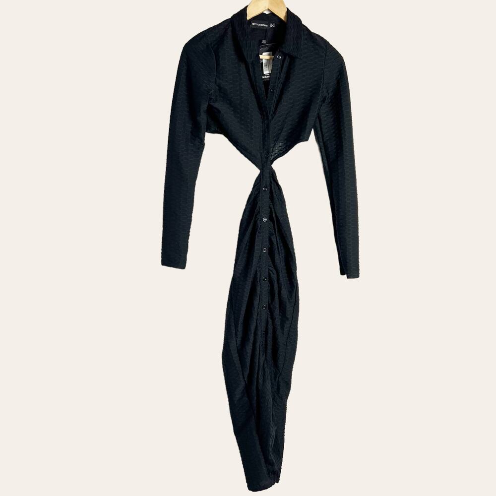 PrettyLittleThing Black Textured Cut Out Waist Midi Shirt Dress Size 2